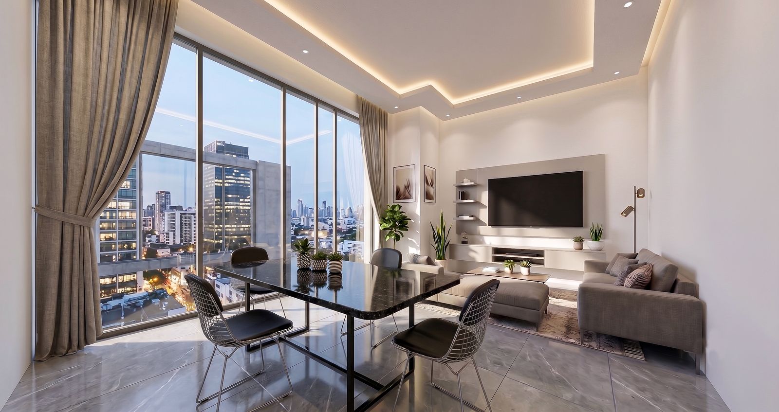 Living and dining area of a one bedroom residence with skyline views