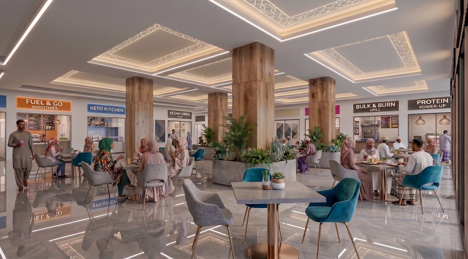 Diners at open seating in the food court, beneath a lit fretwork ceiling