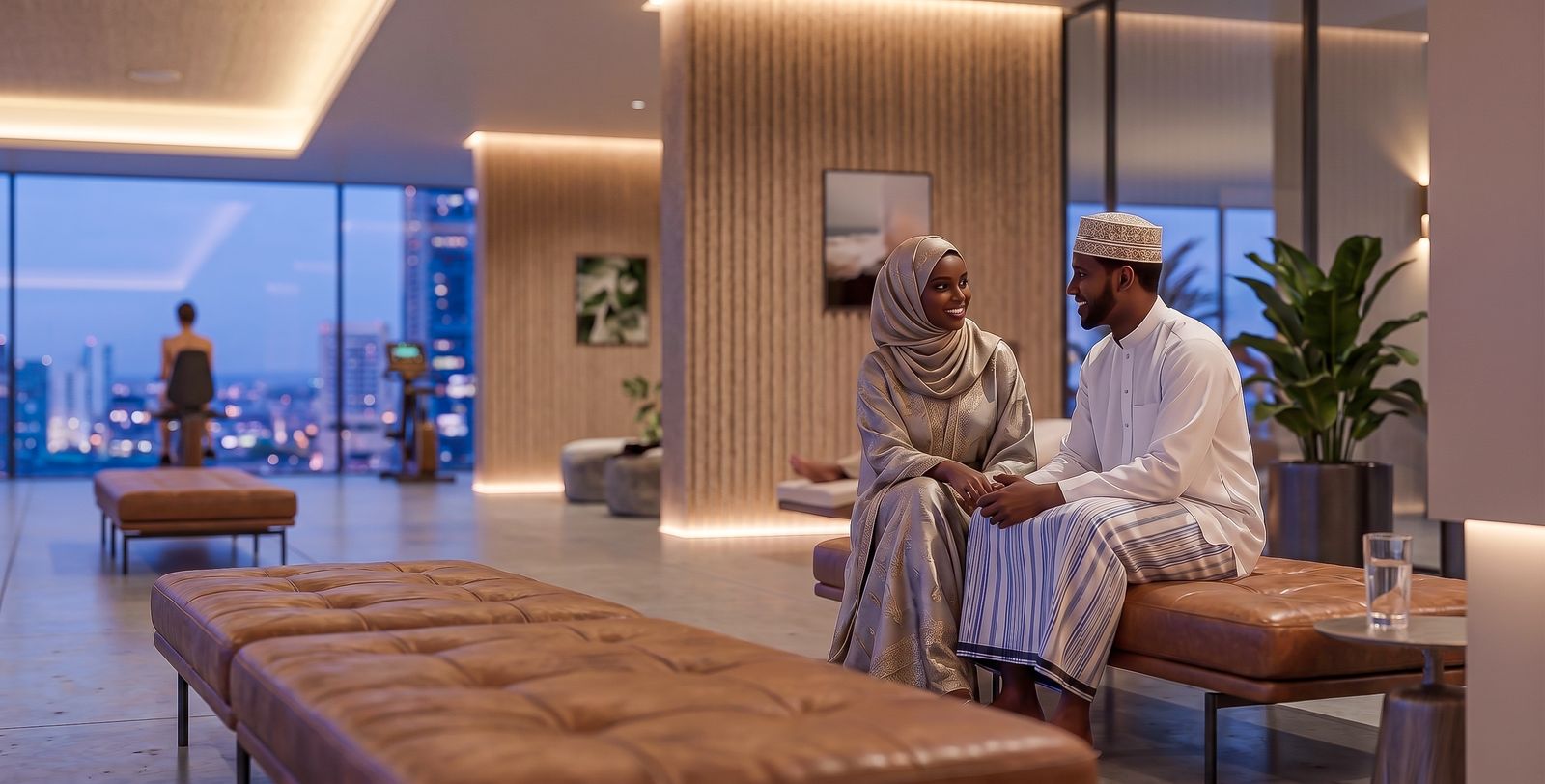 Residents relaxing in the wellness lounge area near the sky gym