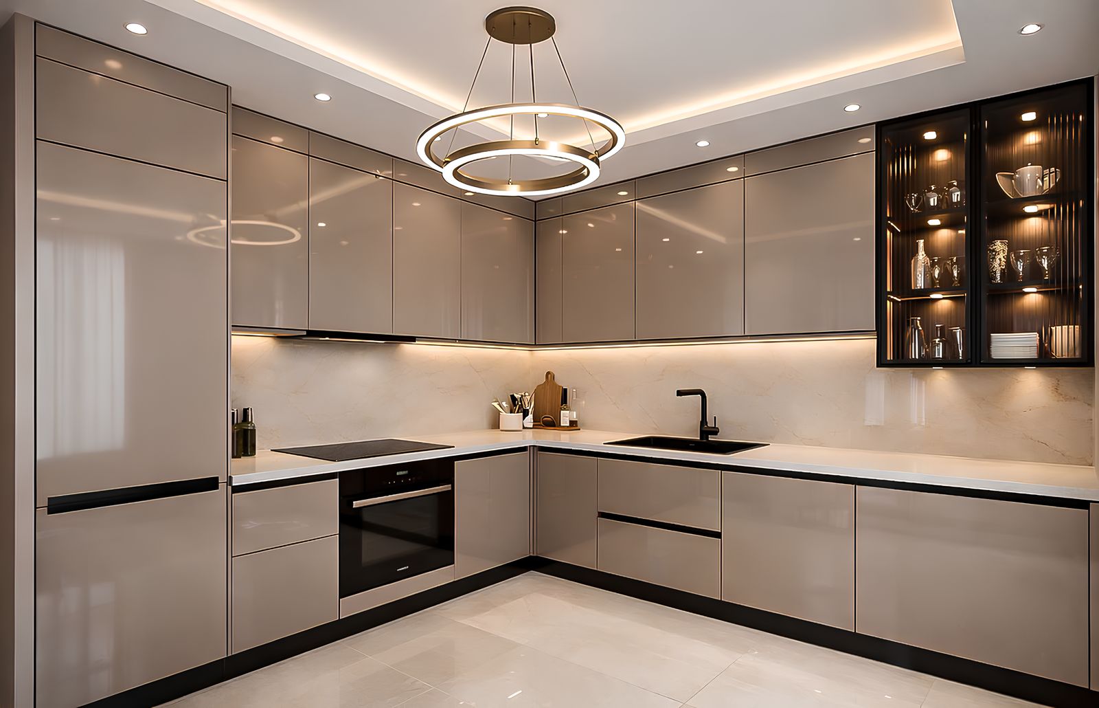 Open kitchen with stone worktops and integrated cabinetry