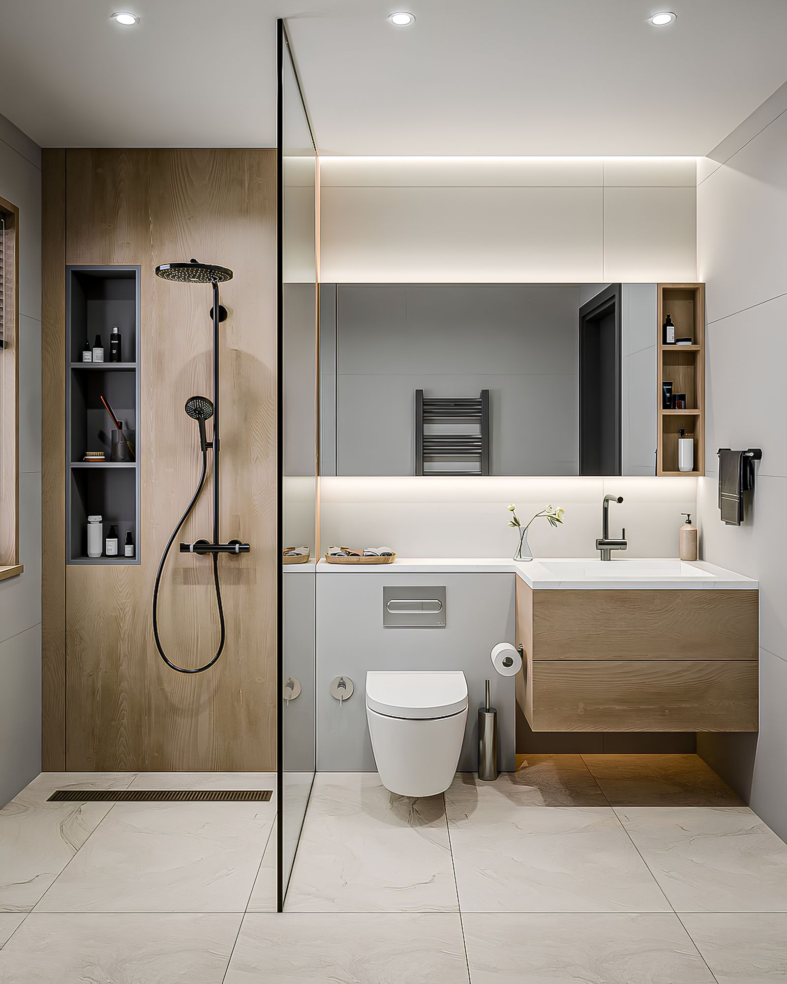 Master ensuite with walk-in rain shower and floating vanity