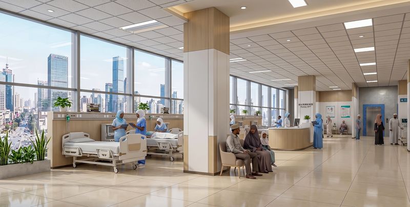 Reception desk and patient bays of the medical centre, with city views