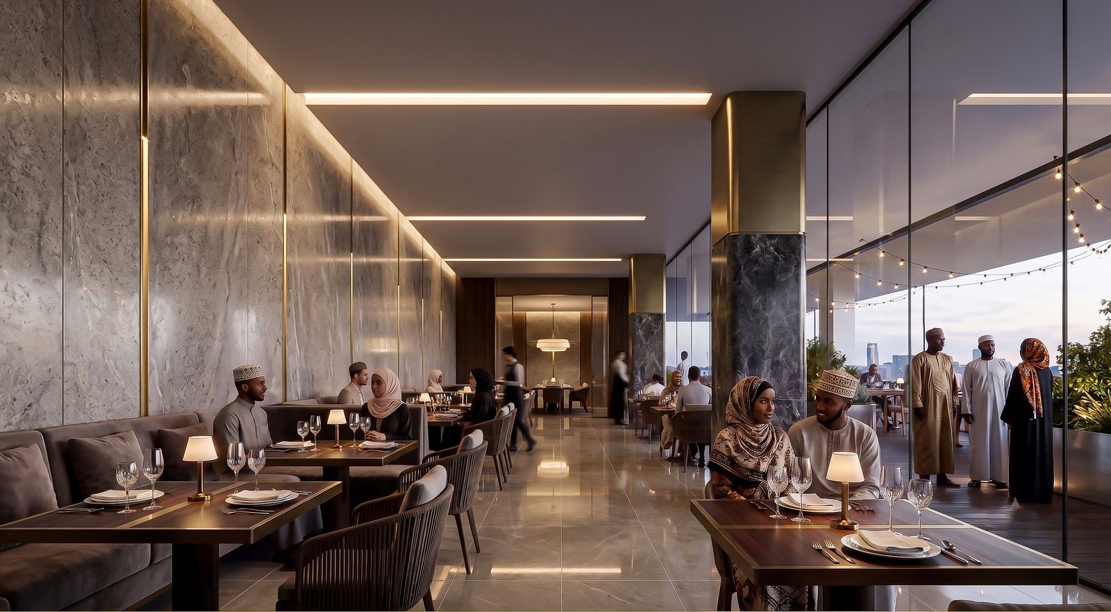 Sky-level restaurant with skyline views at dusk