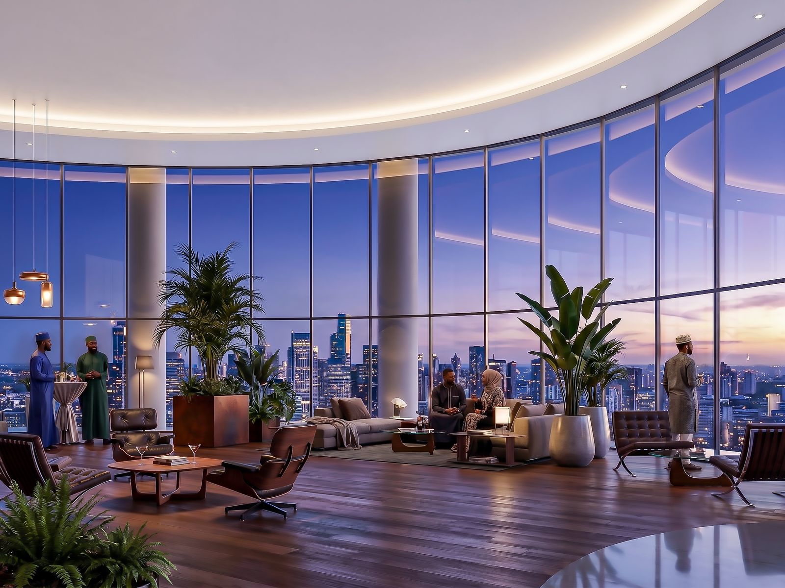 Residents' lounge interior with panoramic city views at dusk